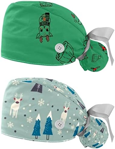 חג המולד איילים ירוק עבודה כובע עם כפתור & מגבר; סרט זיעה 2 חבילות כירורגי ניתוח כובעי קוקו מחזיק, רב צבע