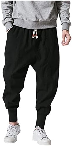 מכנסי הרמון של XXBR לגברים, כותנה פשתן כותנה רחבה היפי רחבה רגל אלסטית קרן מותניים ג'וג'רים מכנסיים קפרי רופפים מכנסיים