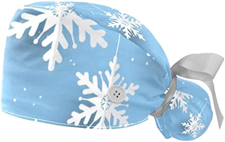 2 מחשבים אחות קרצוף כובעים נשים שיער ארוך, דפוס שלג לחג המולד כובע עבודה מתכוונן חמוד עם כפתור ורצועת זיעה