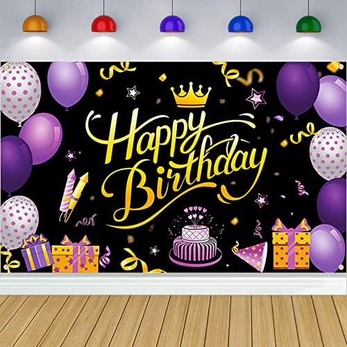יום הולדת שמח רקע סגול מסיבת קישוטי יום הולדת שמח קישוטי עבור נשים בנות שחור וזהב יום הולדת שמח באנר עבור מסיבת